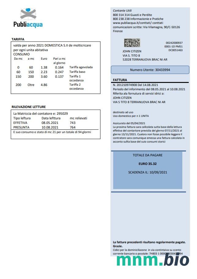 Włochy Publiacqua rachunek za media szablon w formacie Word i PDF